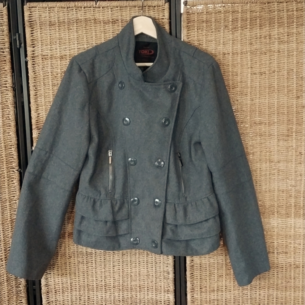Yoki New York wool blend ruffled pea coat, gray, XL.